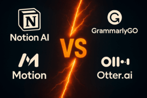 Comparison table of AI productivity tools: Notion AI, Motion, Otter.ai, and GrammarlyGO features and pricing