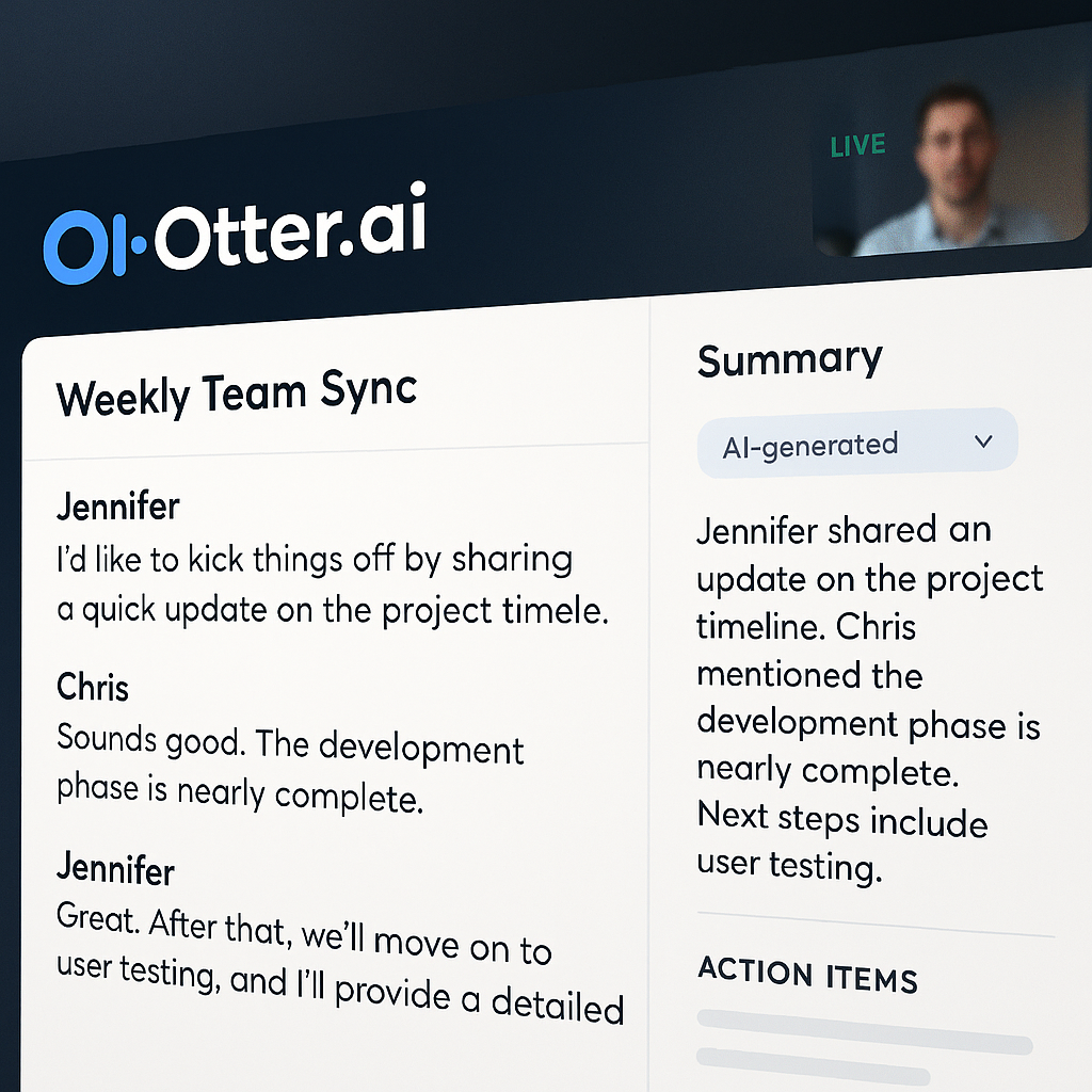 Otter.ai real-time meeting transcription with speaker tags and AI-generated summary